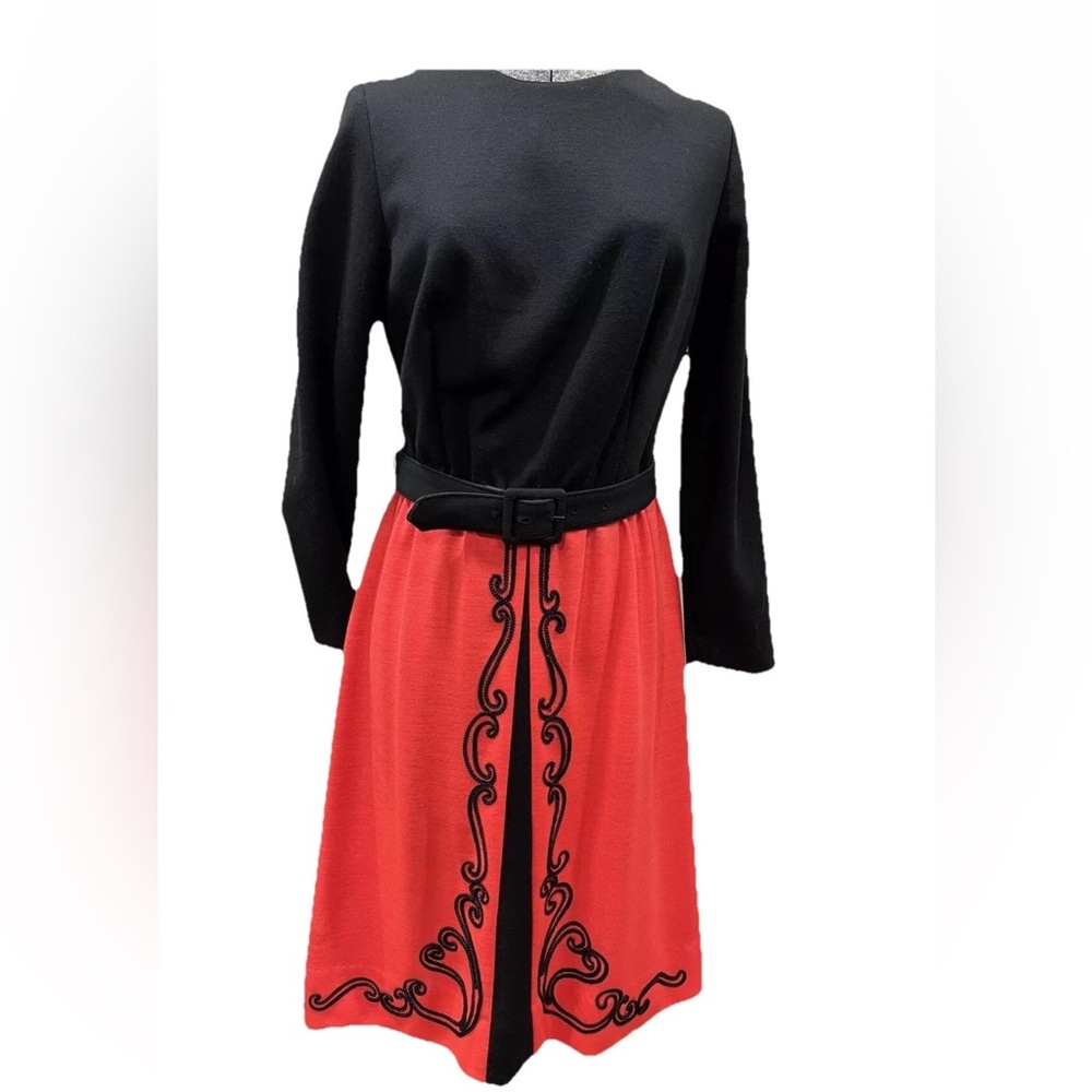Caron of‎ Chicago ladies 1960/70s belted dress-polyester-3/4 sleeve-mod size 16